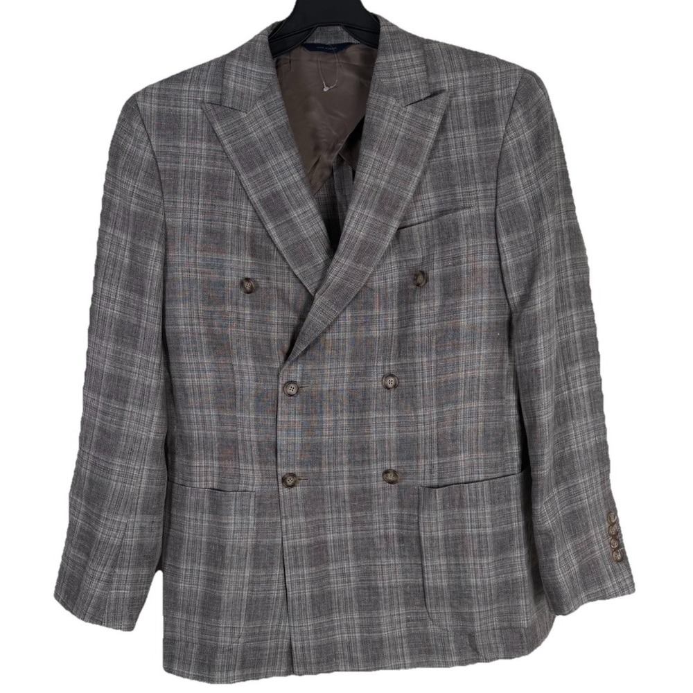 Brooks Brothers Gray Plaid Double-Breasted Wool Blazer with Brown & Blue Accents